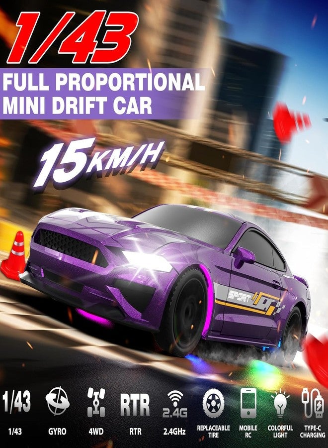 FEXXA سيارة سباق دريفت FEXXA بمقياس 1/43 تعمل بالتحكم عن بعد، مزودة بنظام جيروسكوب رباعي الدفع وجاهزة للانطلاق، نموذج سيارة صغيرة عالية السرعة (1:43 RC Drift Mustang-Purple) - Image 2